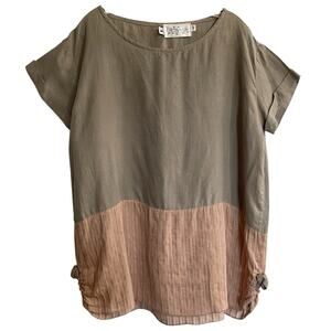 Cachaca Tunic Top Women Sz Medium Brown Pink Linen Vintage Lagenlook Funky Art